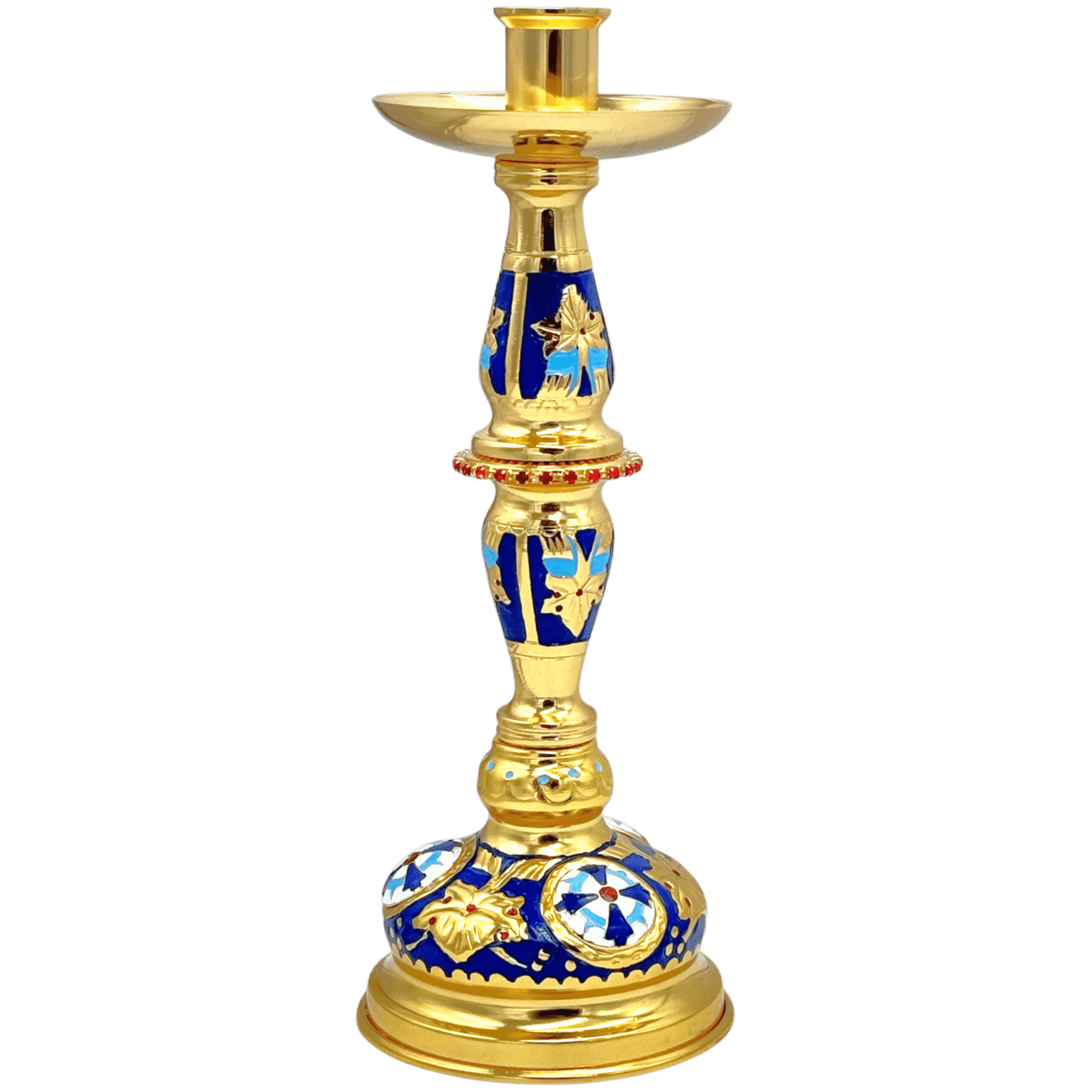 Ornate religious candle holder with intricate blue and gold detailing, perfect for church ceremonies and ecclesiastical events.