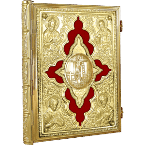 Gold Orthodox Christian icon with detailed religious imagery, featuring saints and crucifixion, suitable for church decoration and religious worship.