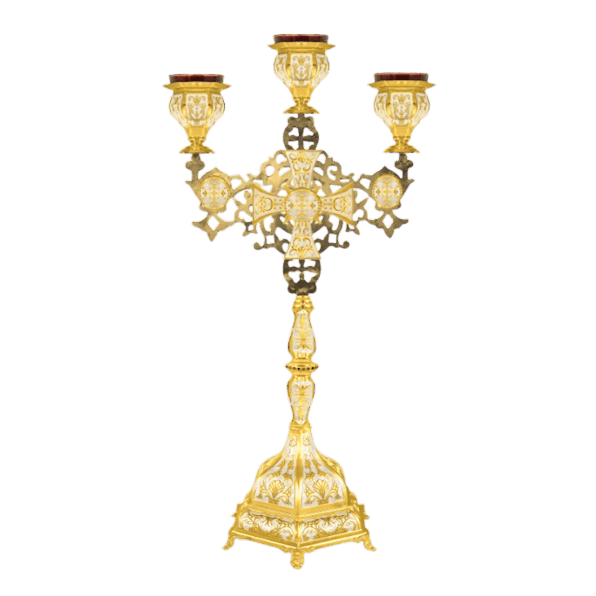 Intricate gold candelabrum with religious elements, used in church ceremonies and Orthodox liturgical services. Perfect for ecclesiastical events, church decorations, and religious rituals.