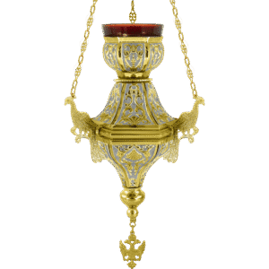 Ornate ecclesiastical lamp with gold detailing, traditional religious artifacts, decorative church lighting, handcrafted religious items, and ecclesiastical church supplies.