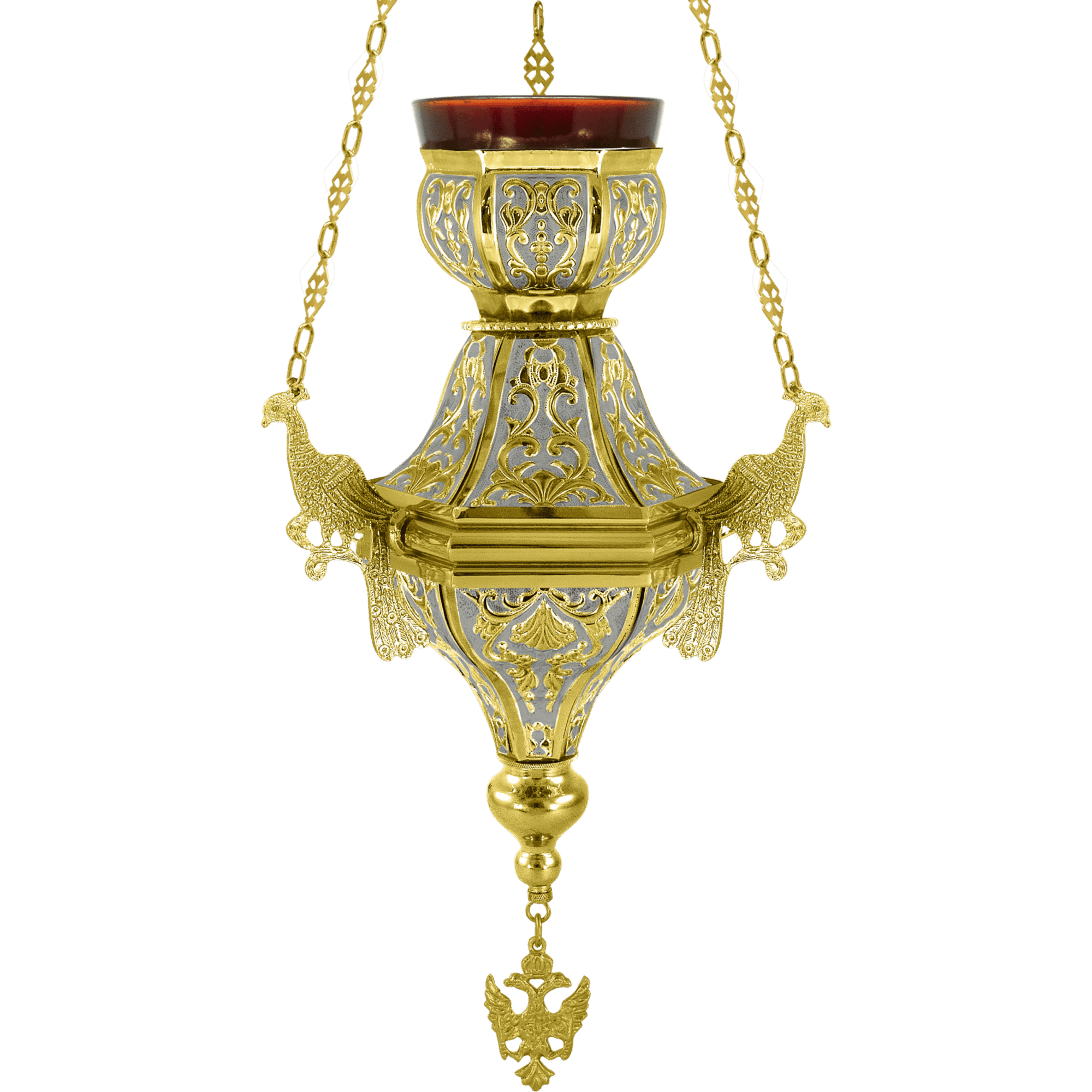 Ornate ecclesiastical lamp with gold detailing, traditional religious artifacts, decorative church lighting, handcrafted religious items, and ecclesiastical church supplies.
