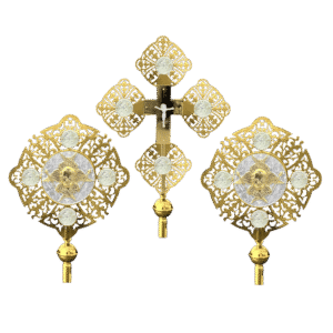 Intricate gold ecclesiastical items including crosses and ornaments, used in Greek Orthodox church ceremonies, crafted with detailed designs and religious symbols for church decoration and rituals.
