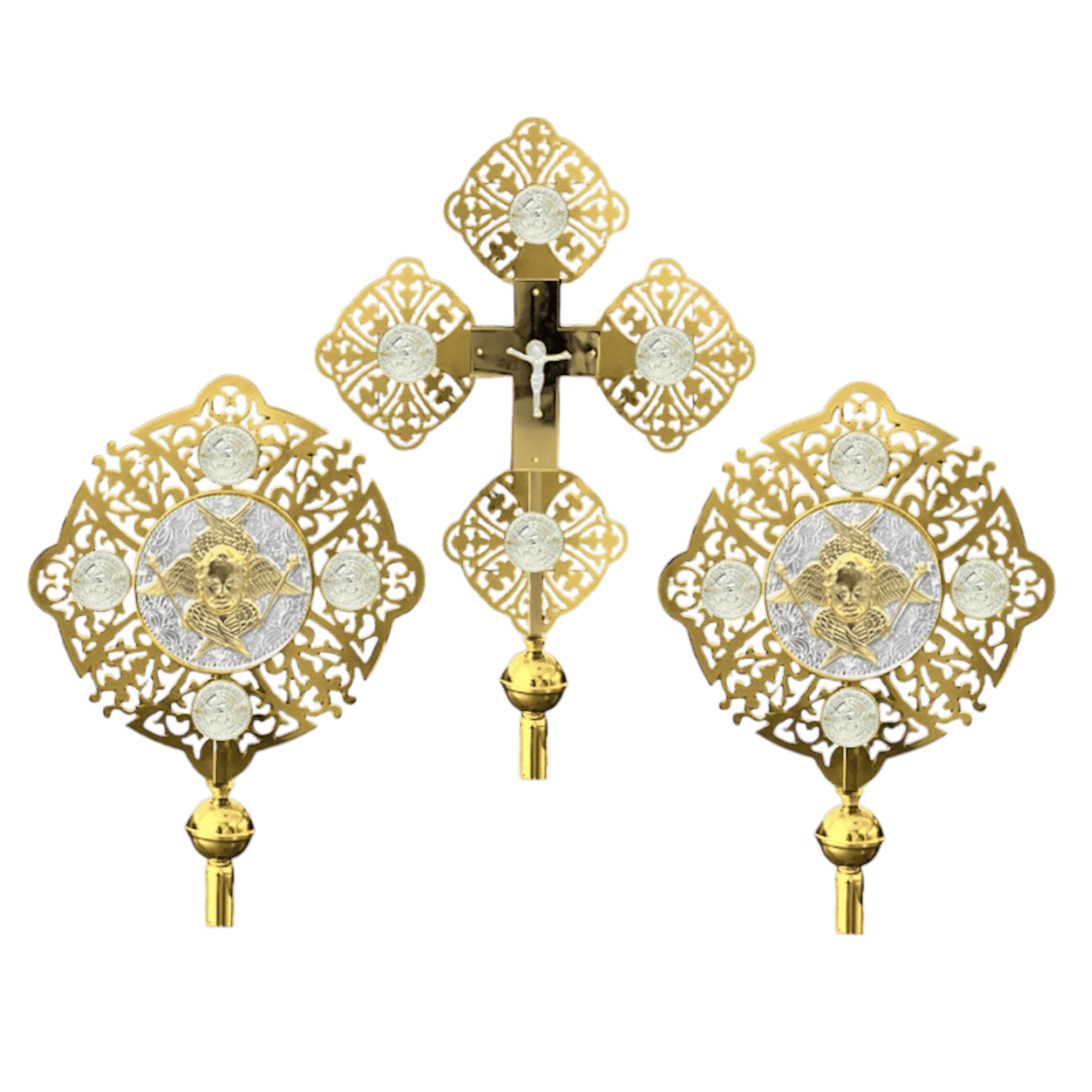 Intricate gold ecclesiastical items including crosses and ornaments, used in Greek Orthodox church ceremonies, crafted with detailed designs and religious symbols for church decoration and rituals.