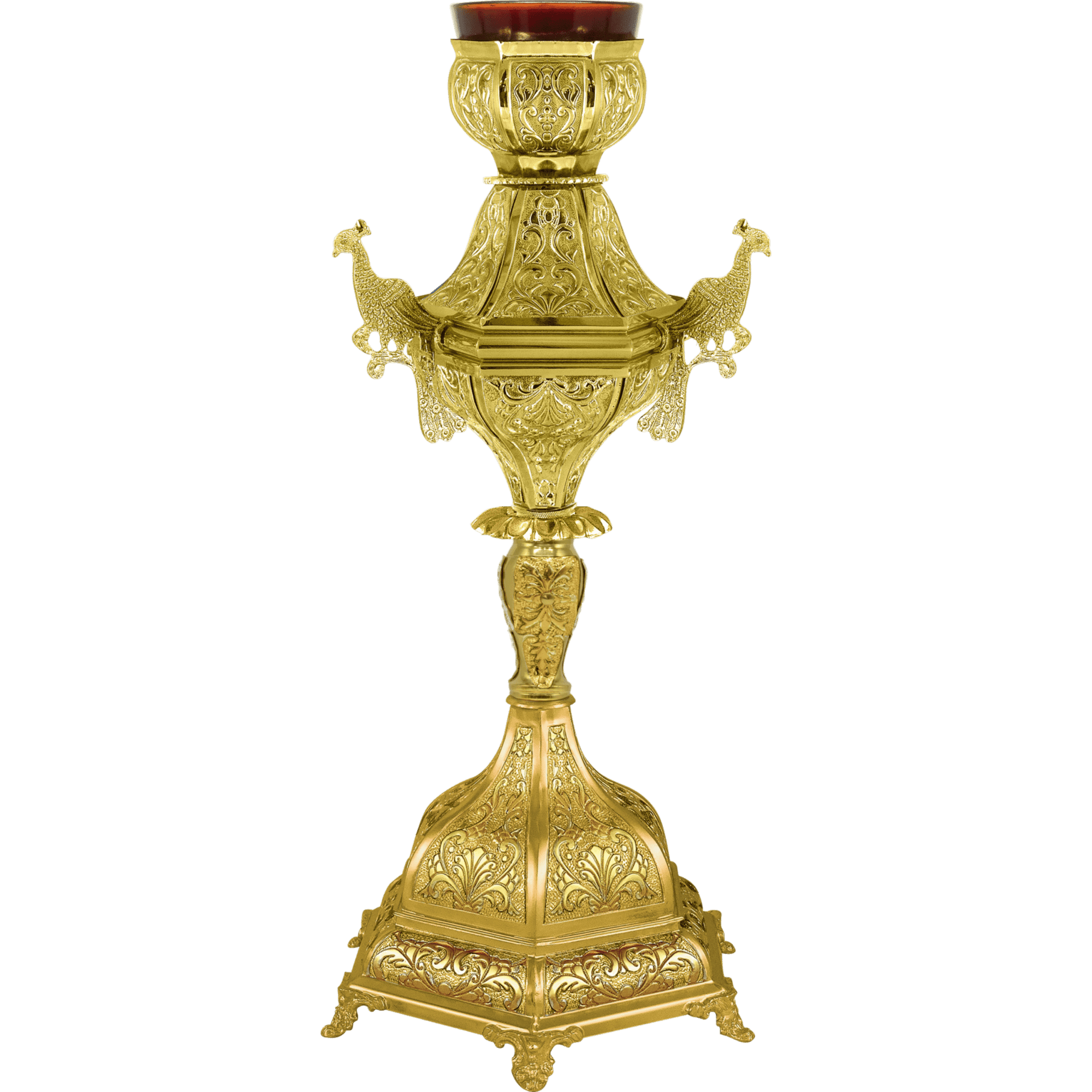 Ornate gold religious candleholder with intricate engraving, perfect for church ceremonies and icon veneration.
