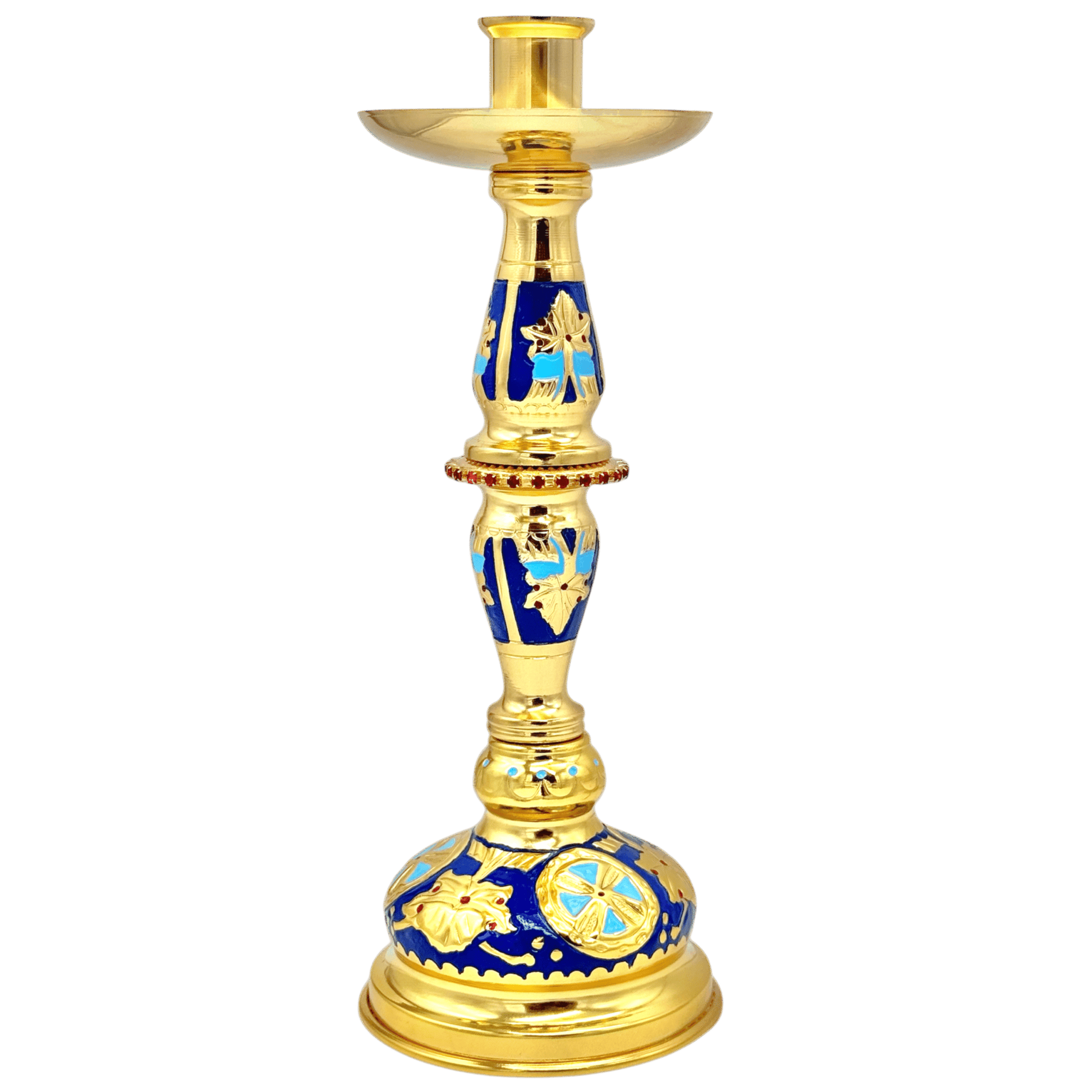 Ornate gold and blue church candle holder with floral and religious motifs, ideal for liturgical use and church ceremonies, showcasing traditional ecclesiastical craftsmanship.