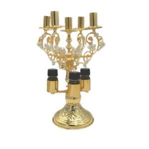 Intricate gold and black candelabrum designed for church ceremonies, featuring ornate craftsmanship and multiple candle holders, ideal for ecclesiastical events and religious rituals.