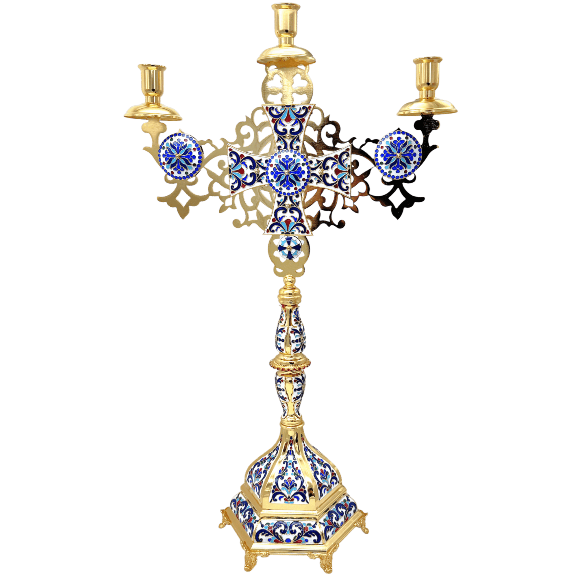 Intricate Orthodox church chandlèir made of metal with colorful enamel designs, used for religious ceremonies and church interiors. Perfect for ecclesiastical decoration and traditional Christian liturgical settings.
