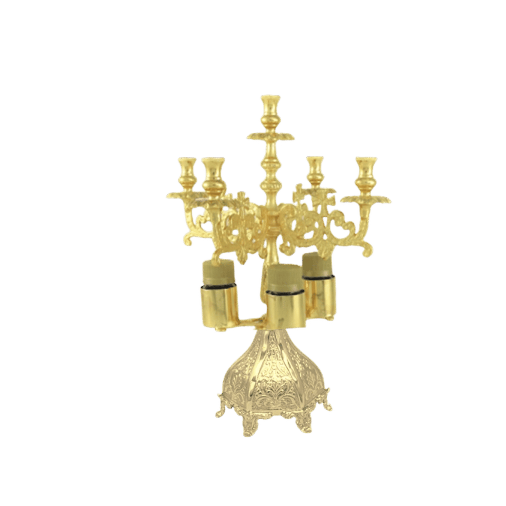 Ornate gold religious candelabrum for church ceremonies, traditional ecclesiastical decor, and liturgical use, showcasing craftsmanship in Orthodox church supplies.