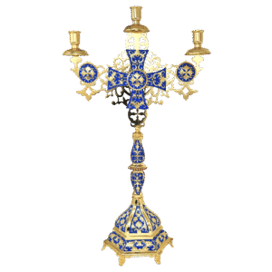 Ornate ecclesiastical candlestick with intricate gold and blue designs, perfect for church ceremonies and religious rituals.