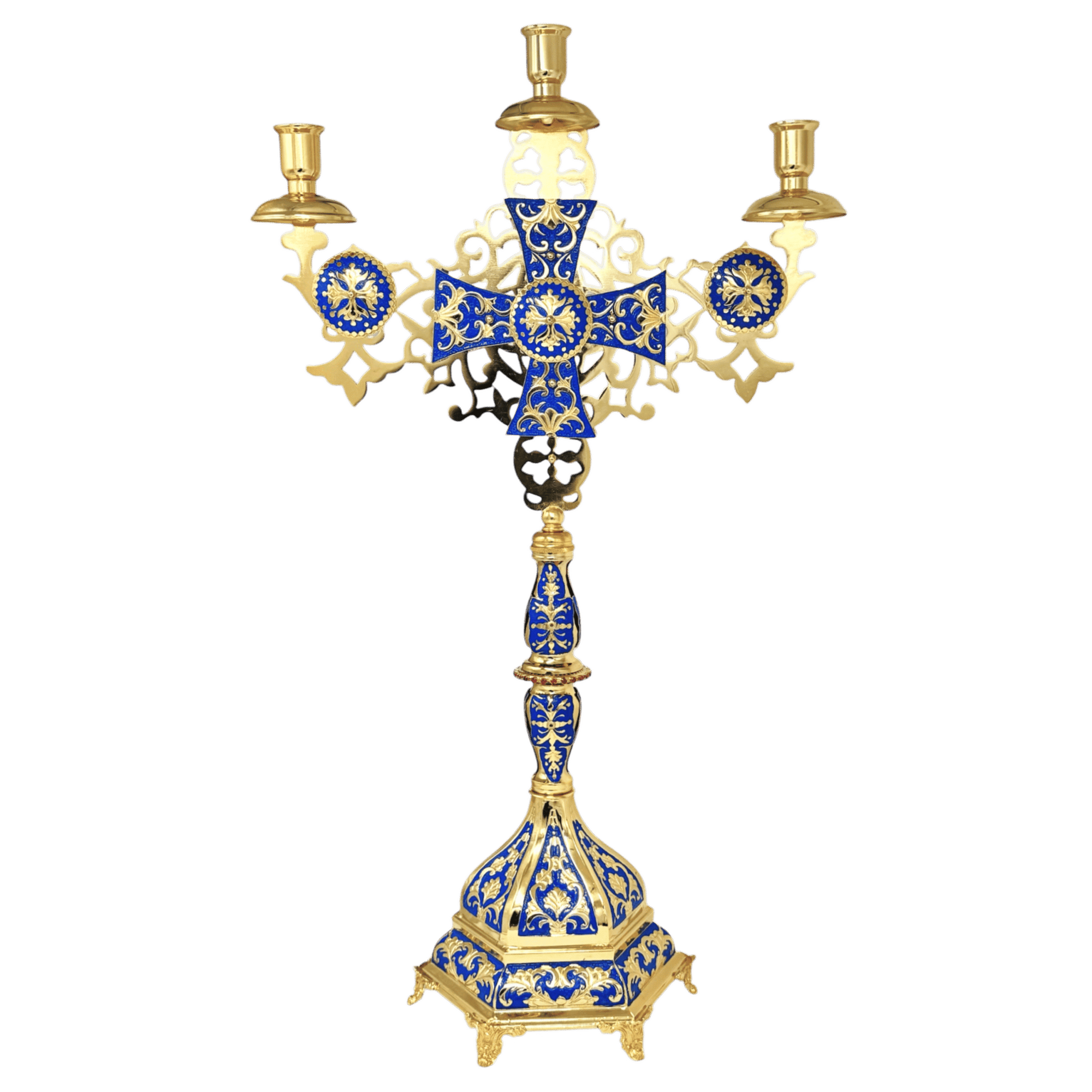 Ornate ecclesiastical candlestick with intricate gold and blue designs, perfect for church ceremonies and religious rituals.