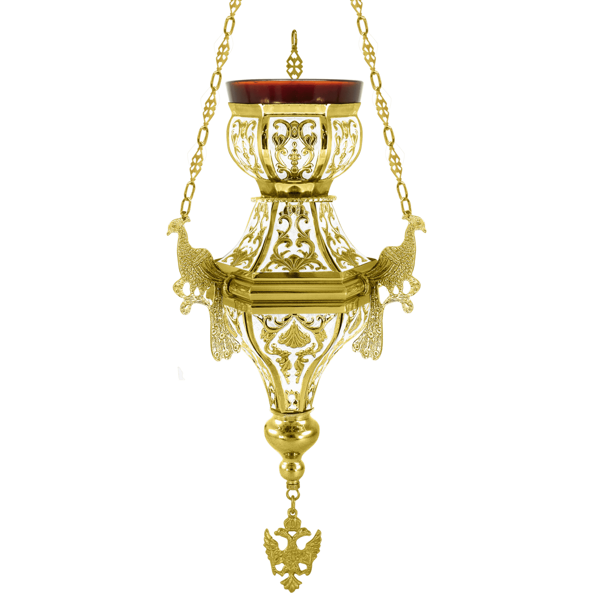Ornate gold hanging oil lamp used in Orthodox church services, featuring intricate designs and chains, symbolizing devotion and religious tradition.