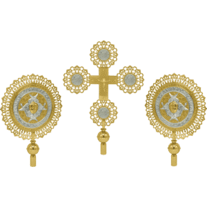 Ornate ecclesiastical religious items from Tsatsaronis Antonios, including gold and silver Christian crosses and icons, ideal for church ceremonies and religious events.