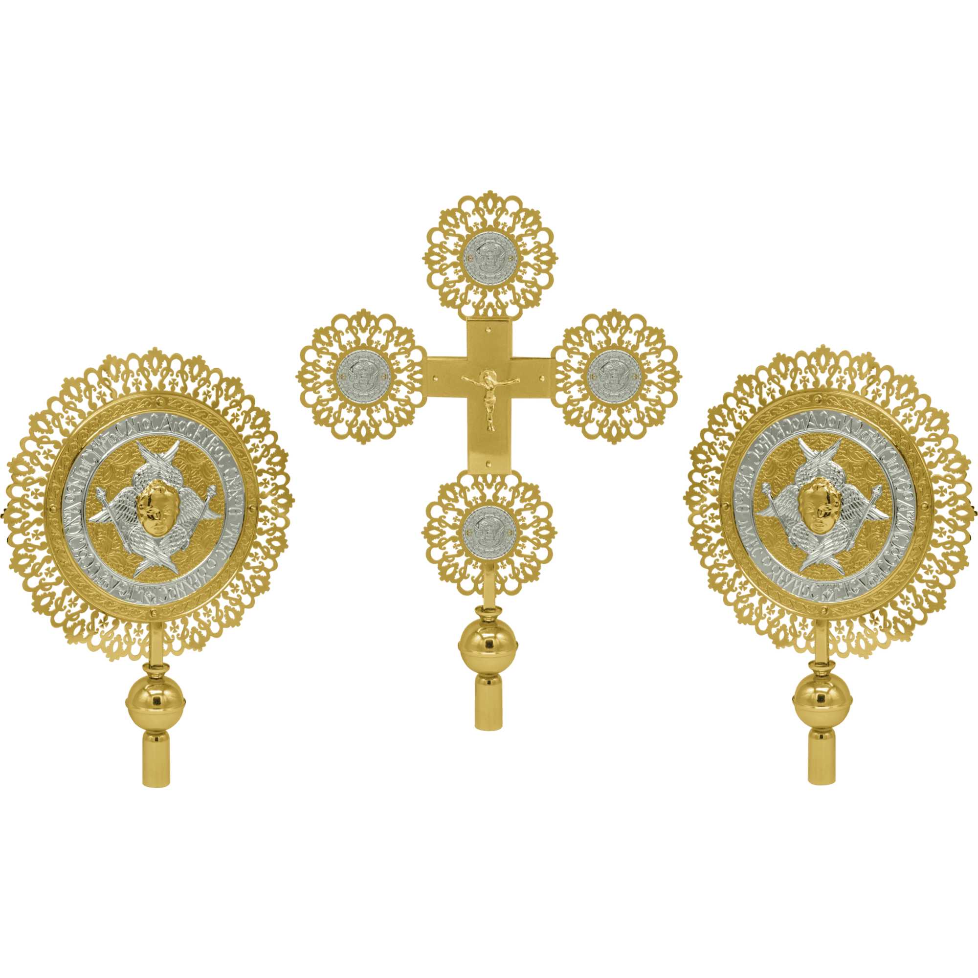 Ornate ecclesiastical religious items from Tsatsaronis Antonios, including gold and silver Christian crosses and icons, ideal for church ceremonies and religious events.