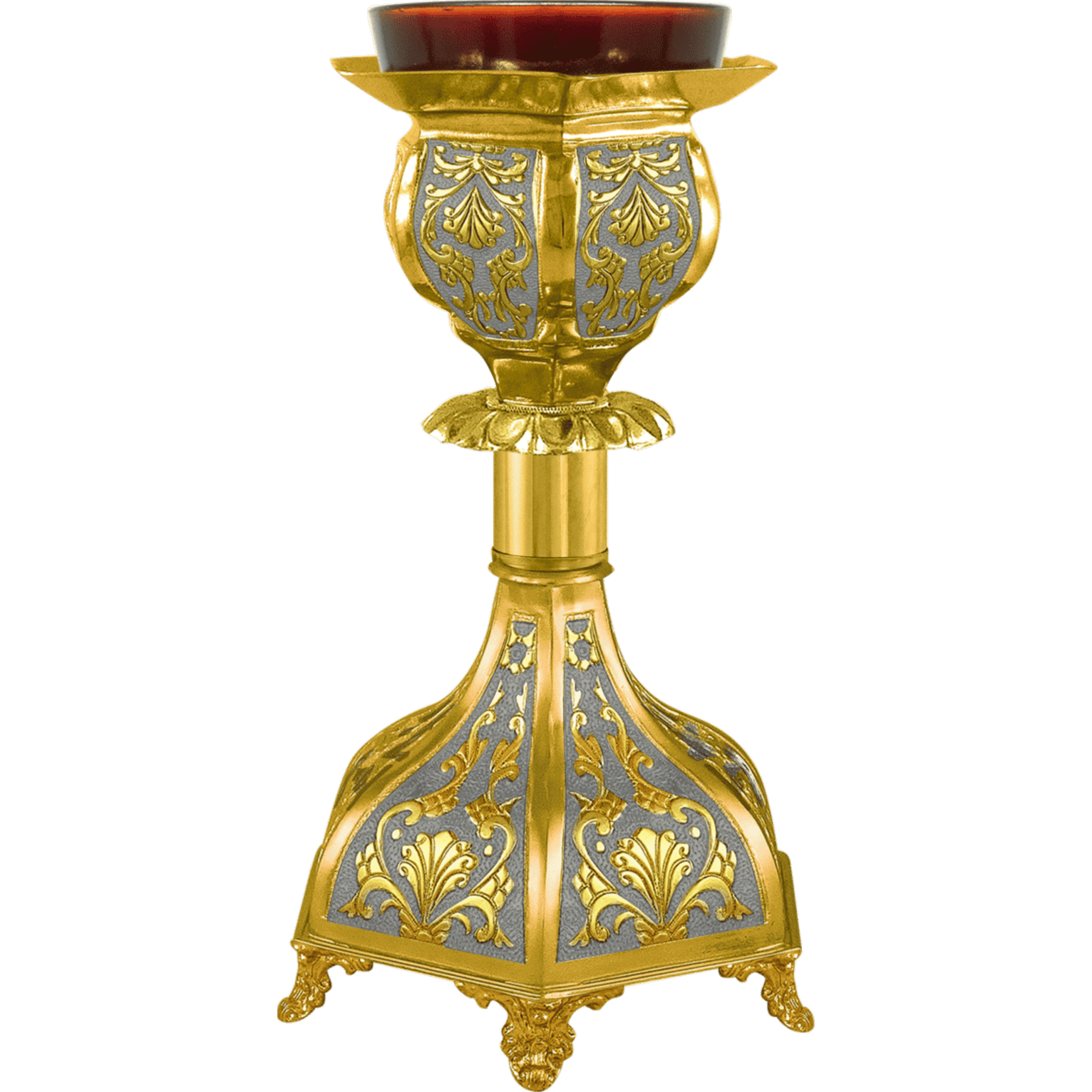 Ornate ecclesiastical candle holder with gold and silver detailing, used in church services, showcasing traditional religious artifacts from Τσατσαρώνης Αντώνιος.