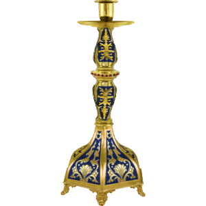 Ornate gilded and blue candle holder for church ceremonies, crafted with intricate religious design, perfect for liturgical use and church decorations.
