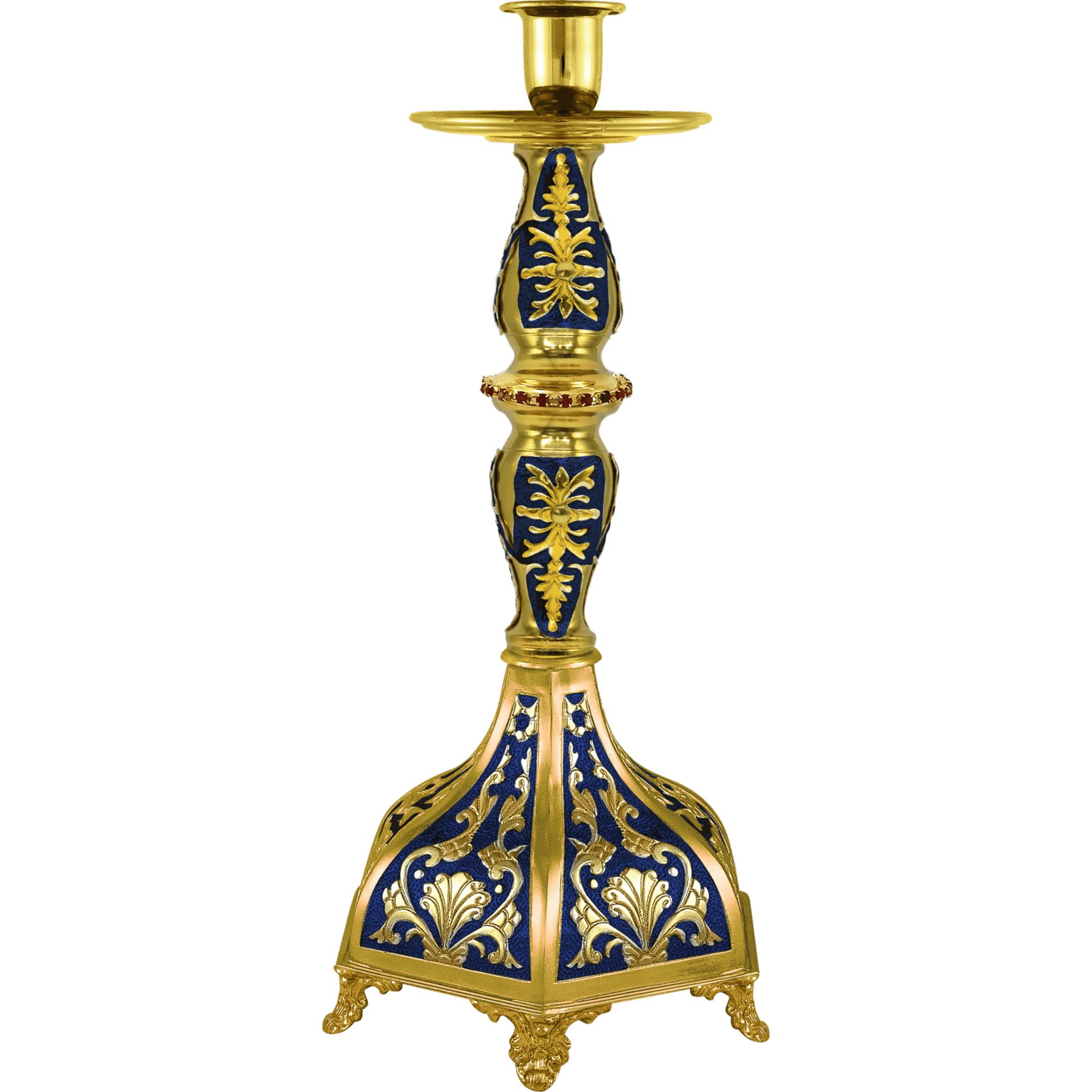 Ornate gilded and blue candle holder for church ceremonies, crafted with intricate religious design, perfect for liturgical use and church decorations.