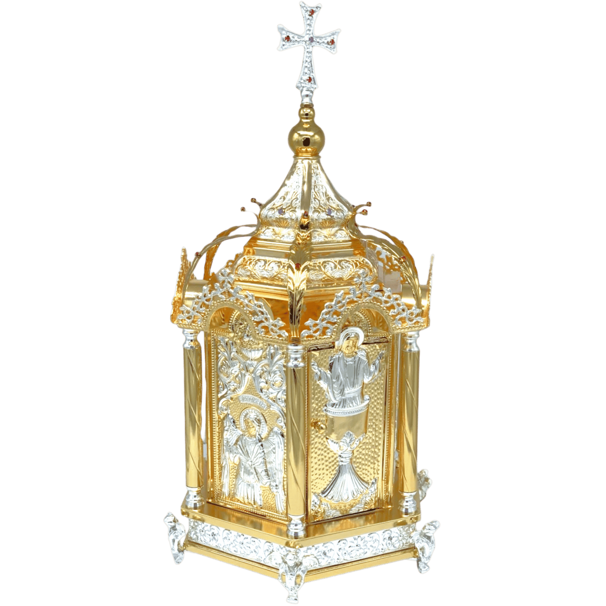 Intricate gold and silver ecclesiastical relic container with religious iconography, perfect for church ceremonies and sacred rituals, handcrafted by Tsa tsaronis Antonios.