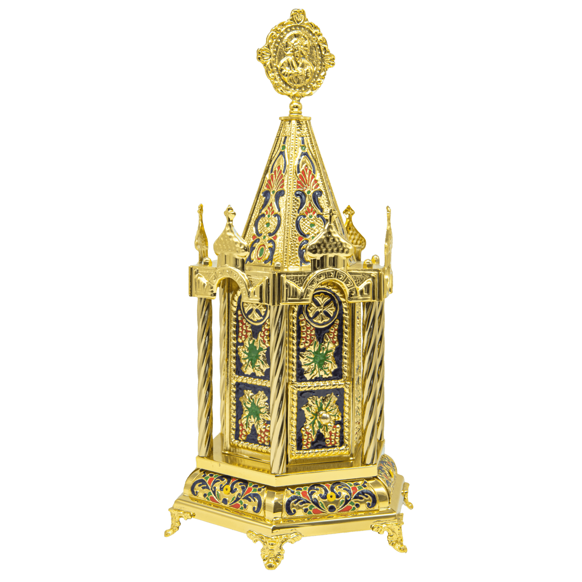 Intricately crafted golden Orthodox church icon with colorful enamel accents, ornate detailing, and traditional religious symbolism, symbolizing faith and religious heritage.