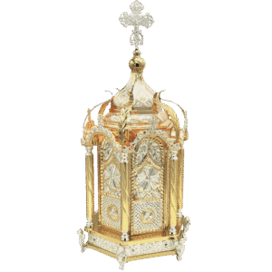 Intricately crafted gold and silver Orthodox church lantern, traditional ecclesiastical item, ideal for religious ceremonies and sacred spaces, made by Τσατσαρώνης Αντώνιος.