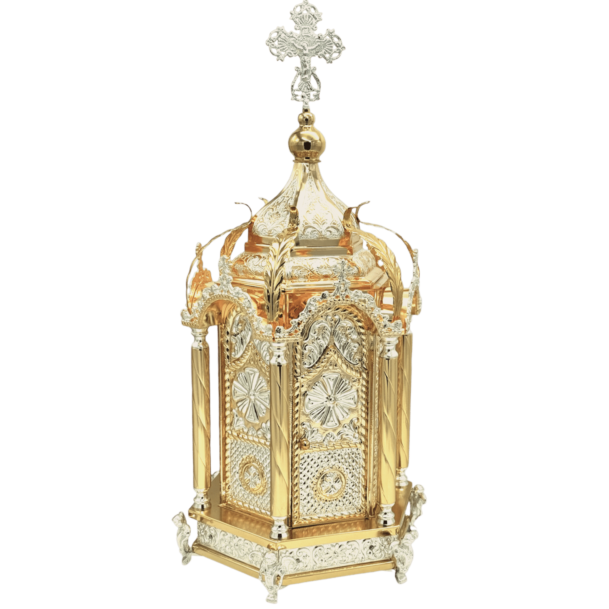 Intricately crafted gold and silver Orthodox church lantern, traditional ecclesiastical item, ideal for religious ceremonies and sacred spaces, made by Τσατσαρώνης Αντώνιος.