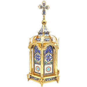 Intricately designed Orthodox church lantern with gold and enamel detailing, featuring colorful religious motifs and a cross at the top, ideal for ecclesiastical ceremonies and church decorations.