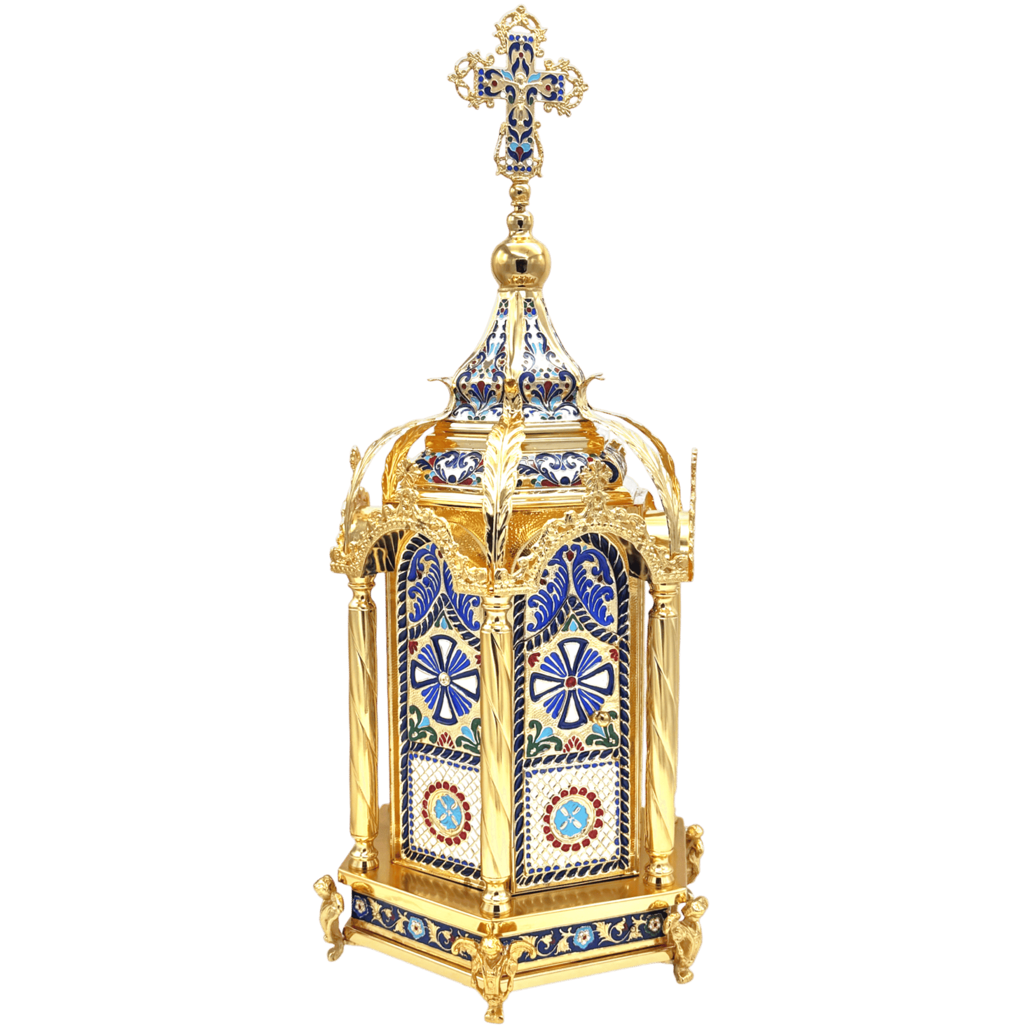 Intricately designed Orthodox church lantern with gold and enamel detailing, featuring colorful religious motifs and a cross at the top, ideal for ecclesiastical ceremonies and church decorations.