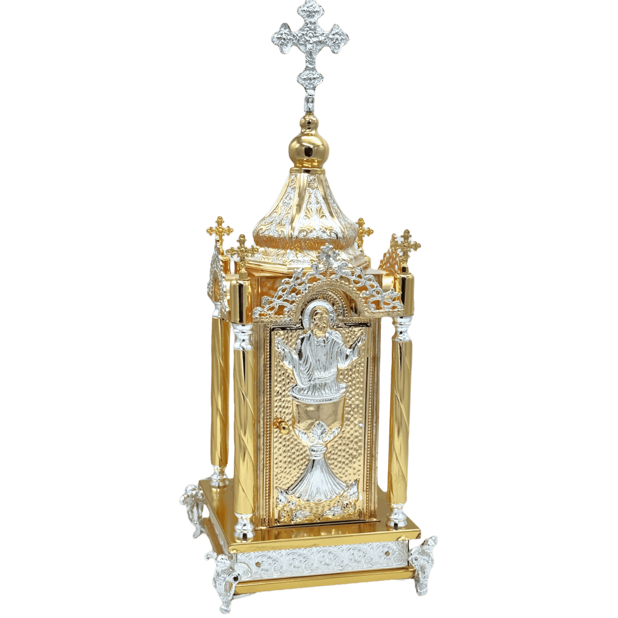 Ornate ecclesiastical reliquary, golden and silver liturgical artifact with religious iconography, used for church rituals and processions, crafted by Tsaltsaronis Antonios.