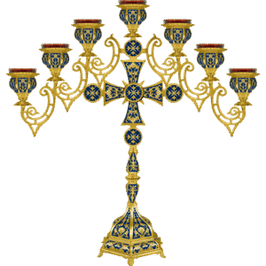 Intricate gold and blue ceremonial candelabrum with multiple candle holders, used in Greek Orthodox church services, representing religious tradition and ceremonial elegance.