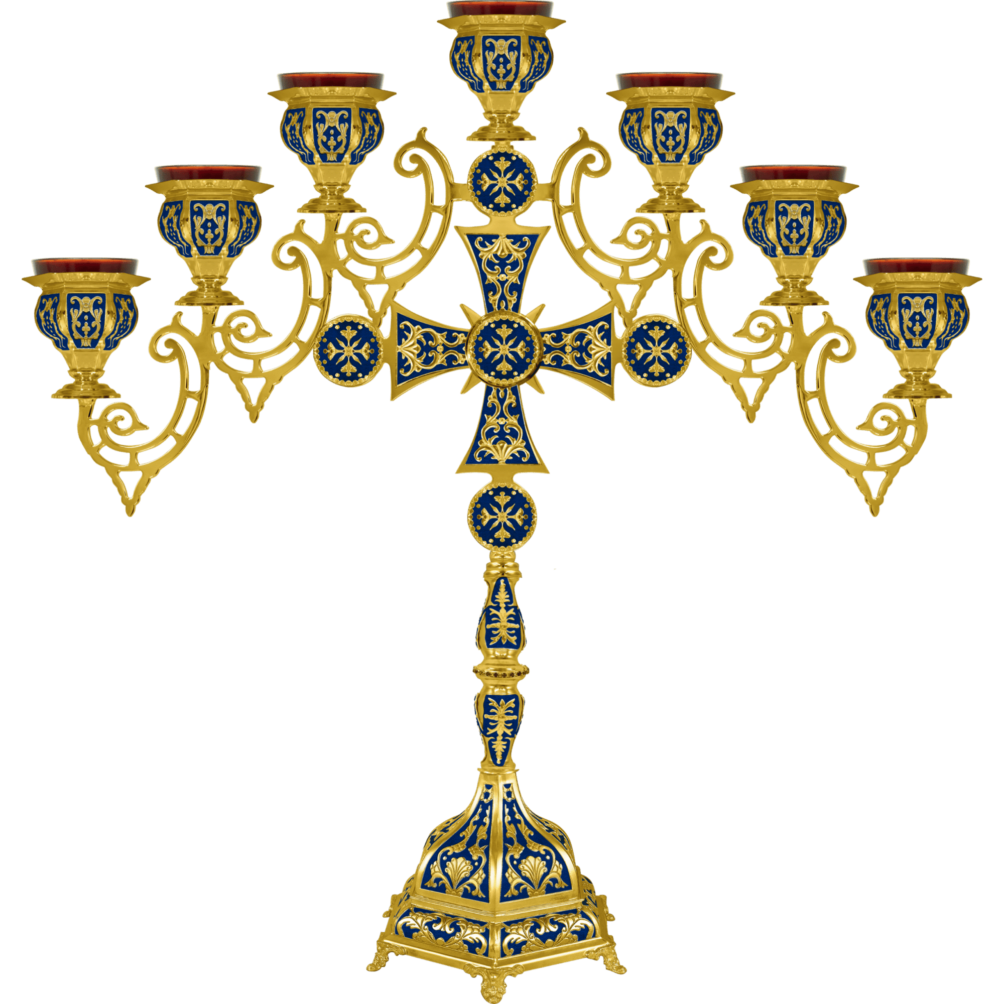 Intricate gold and blue ceremonial candelabrum with multiple candle holders, used in Greek Orthodox church services, representing religious tradition and ceremonial elegance.