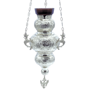 Intricate silver church lamp with dragon handles, featuring religious symbols, used in Orthodox Christian liturgical ceremonies, crafted by Tsa tsaronis Antonios.