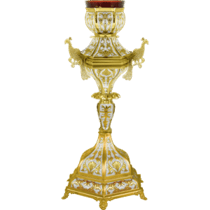 Ornate gold ecclesiastical candle holder with intricate floral and animal motifs, ideal for church ceremonies and religious events, crafted by Tsa tsaronis Antonios.