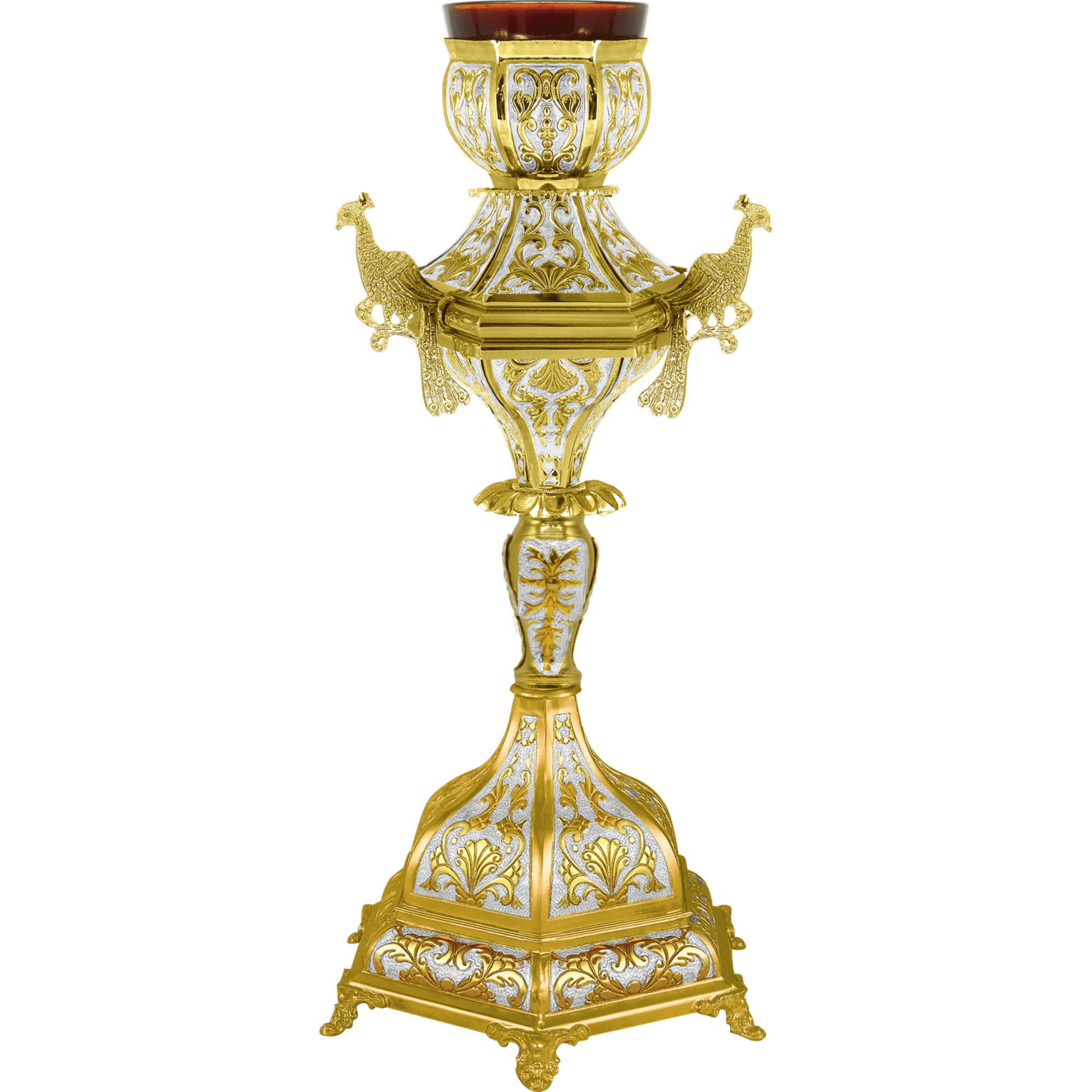 Ornate gold ecclesiastical candle holder with intricate floral and animal motifs, ideal for church ceremonies and religious events, crafted by Tsa tsaronis Antonios.