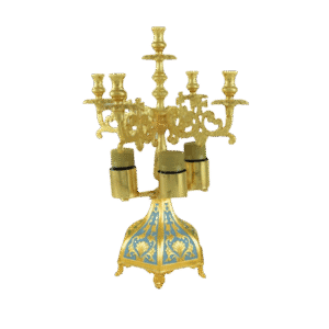 Intricate gold candelabrum with ornate design, used in church ceremonies, symbolizing divine light and sacred rituals. Perfect for ecclesiastical settings and religious decorations.