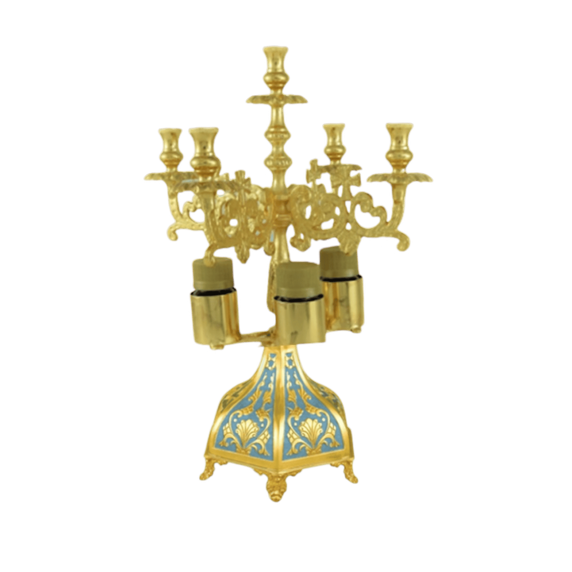Intricate gold candelabrum with ornate design, used in church ceremonies, symbolizing divine light and sacred rituals. Perfect for ecclesiastical settings and religious decorations.