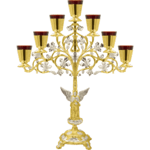 Intricate gold and silver Orthodox menorah with nine candle holders, detailed floral accents, and angel figurine at the base, used for religious Hanukkah celebrations and church church rituals.