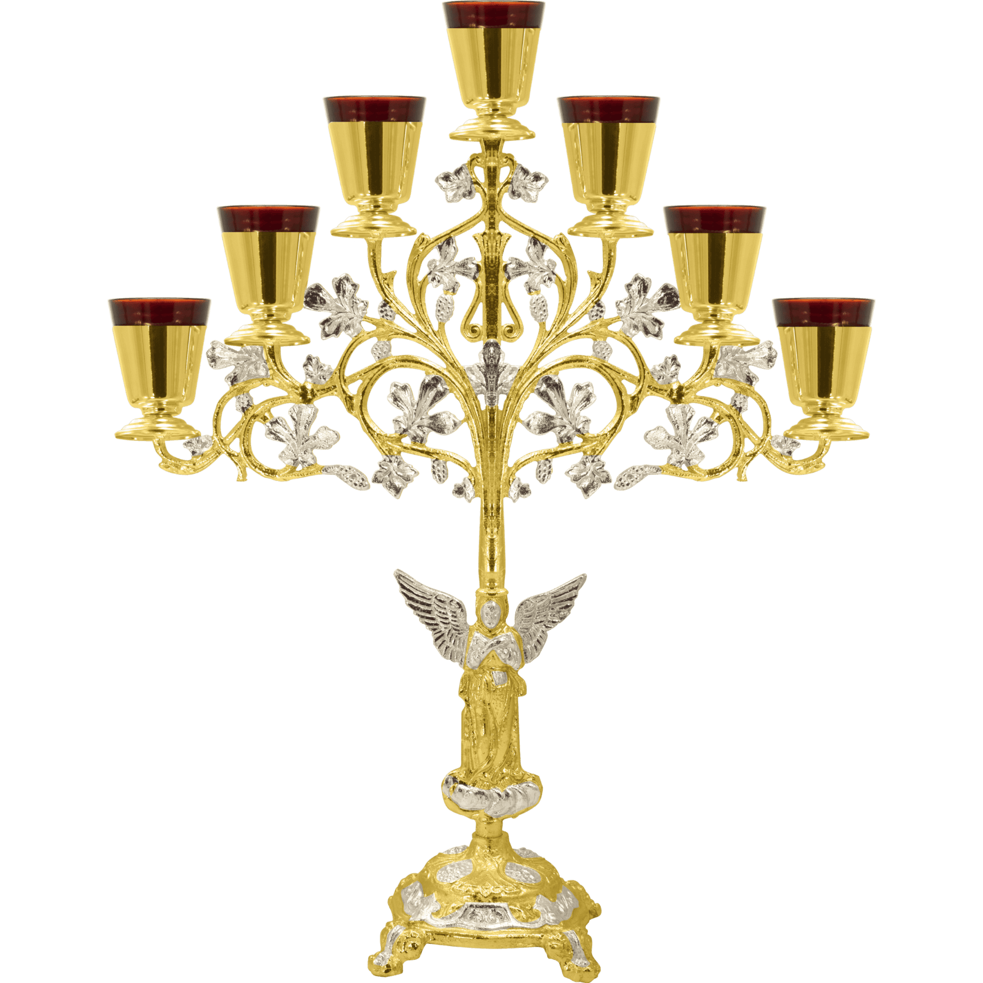 Intricate gold and silver Orthodox menorah with nine candle holders, detailed floral accents, and angel figurine at the base, used for religious Hanukkah celebrations and church church rituals.