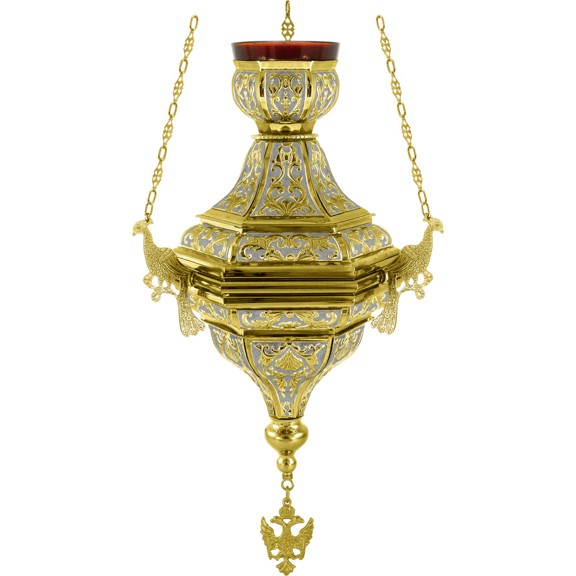 Intricate gold and silver censer for church rituals, featuring ornate filigree work and chain attachments, used in Orthodox liturgical ceremonies.