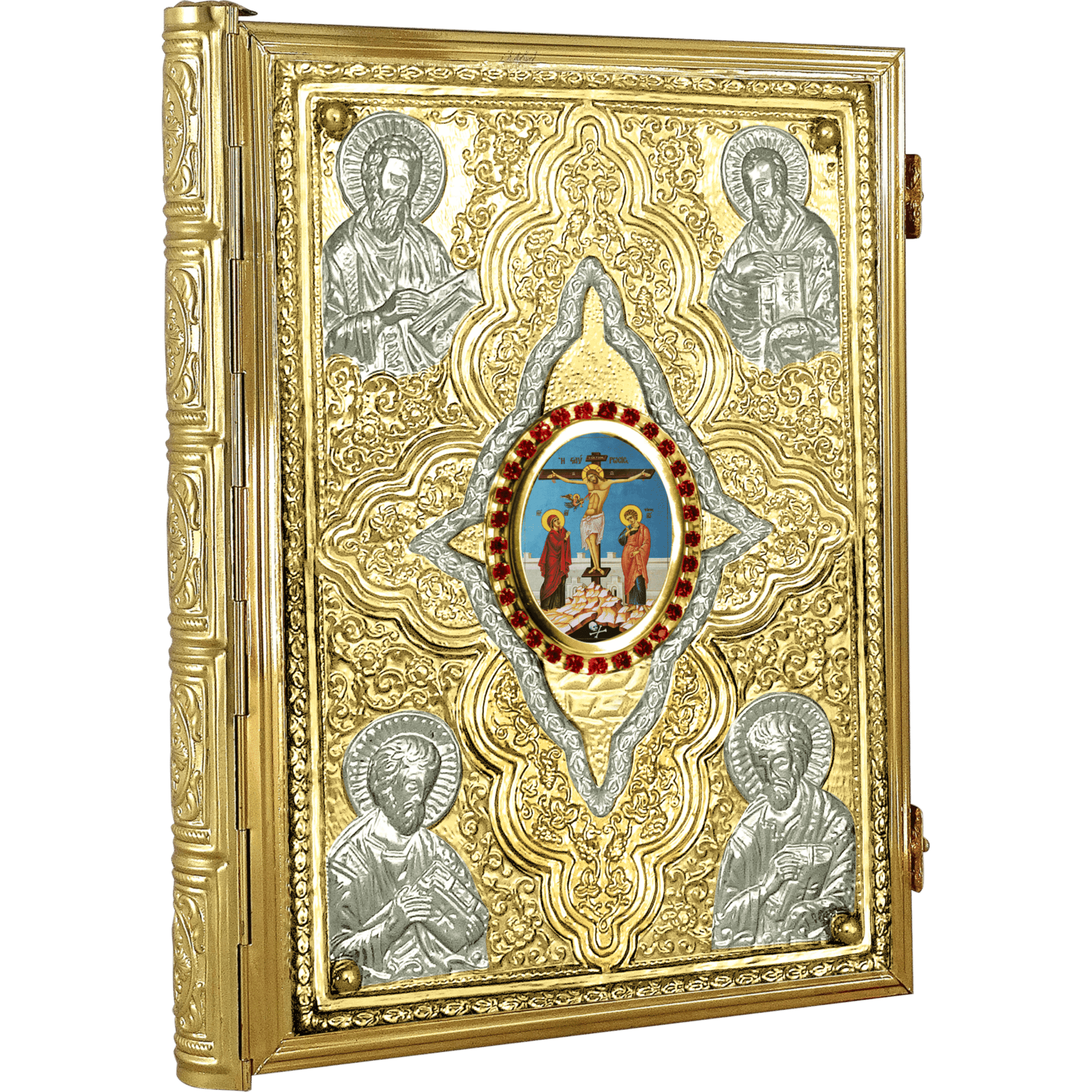 Beautiful gold-embossed religious icon with engraved saints and central icon of Jesus Christ on the cross, used for church worship and religious ceremonies.