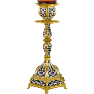 Ornate liturgical candle holder, ecclesiastical church supplies, traditional religious church equipment, gold and enamel design, Tsa tsaronis Antonios religious items.