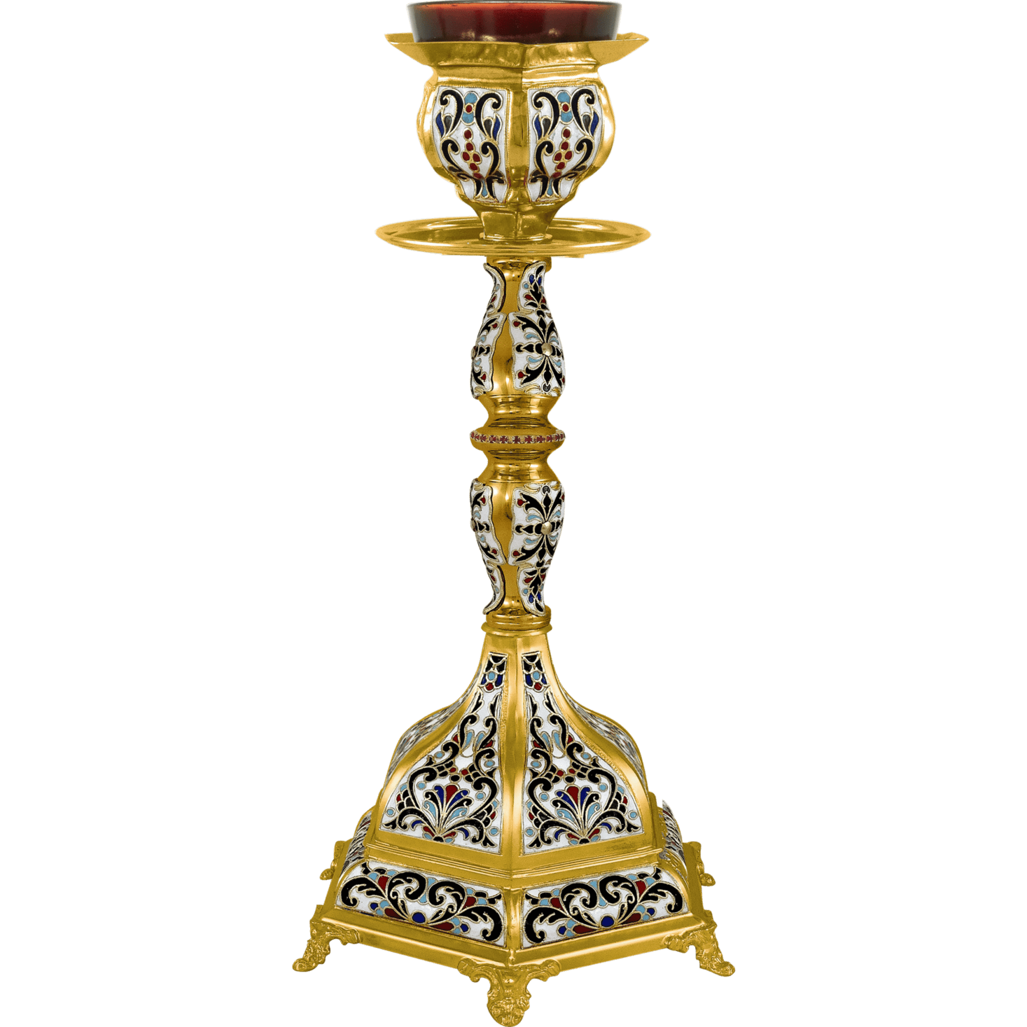 Ornate liturgical candle holder, ecclesiastical church supplies, traditional religious church equipment, gold and enamel design, Tsa tsaronis Antonios religious items.