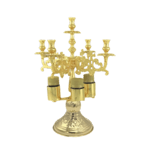 Intricate gold liturgical candelabrum with multiple candle holders, used in church ceremonies and Orthodox religious services.