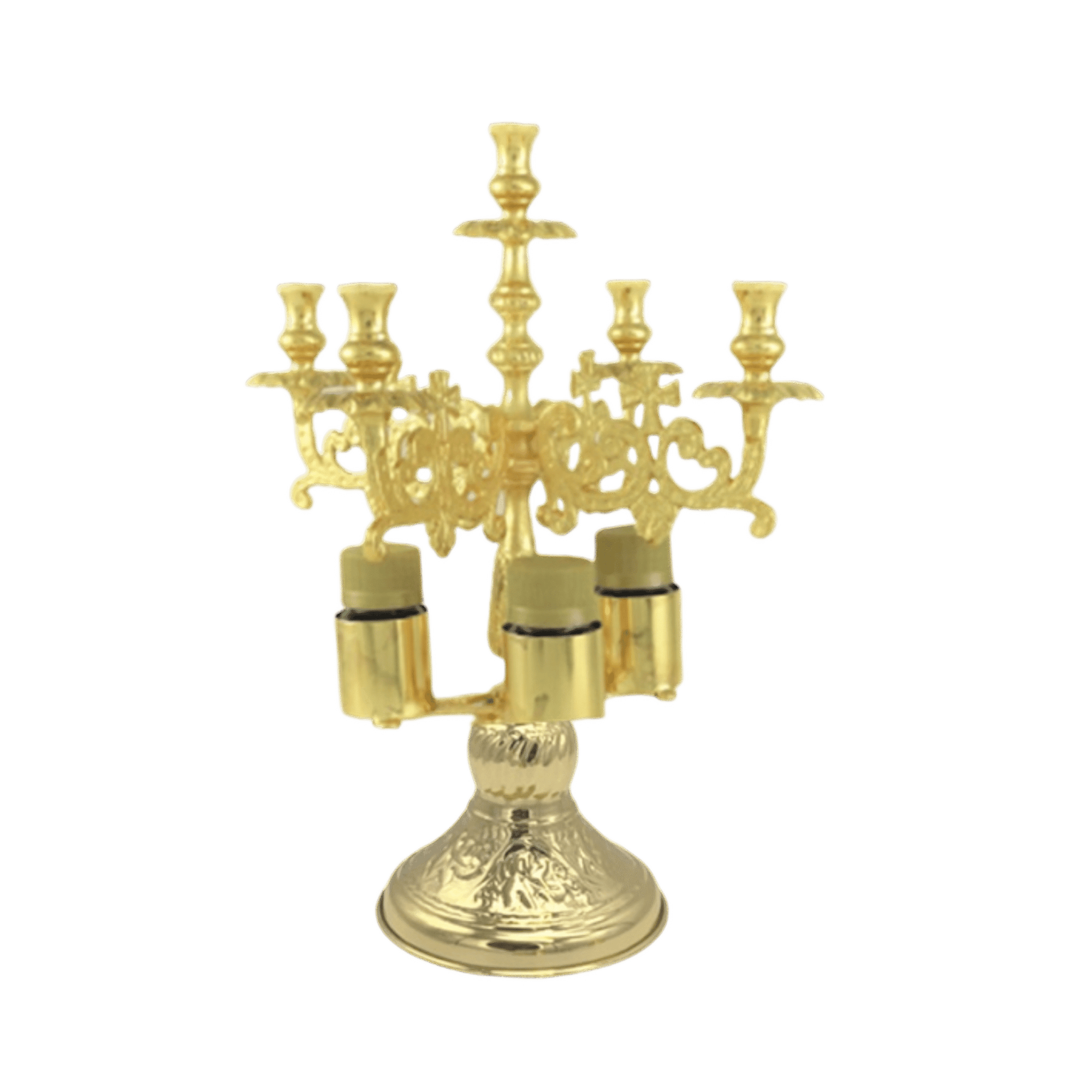 Intricate gold liturgical candelabrum with multiple candle holders, used in church ceremonies and Orthodox religious services.