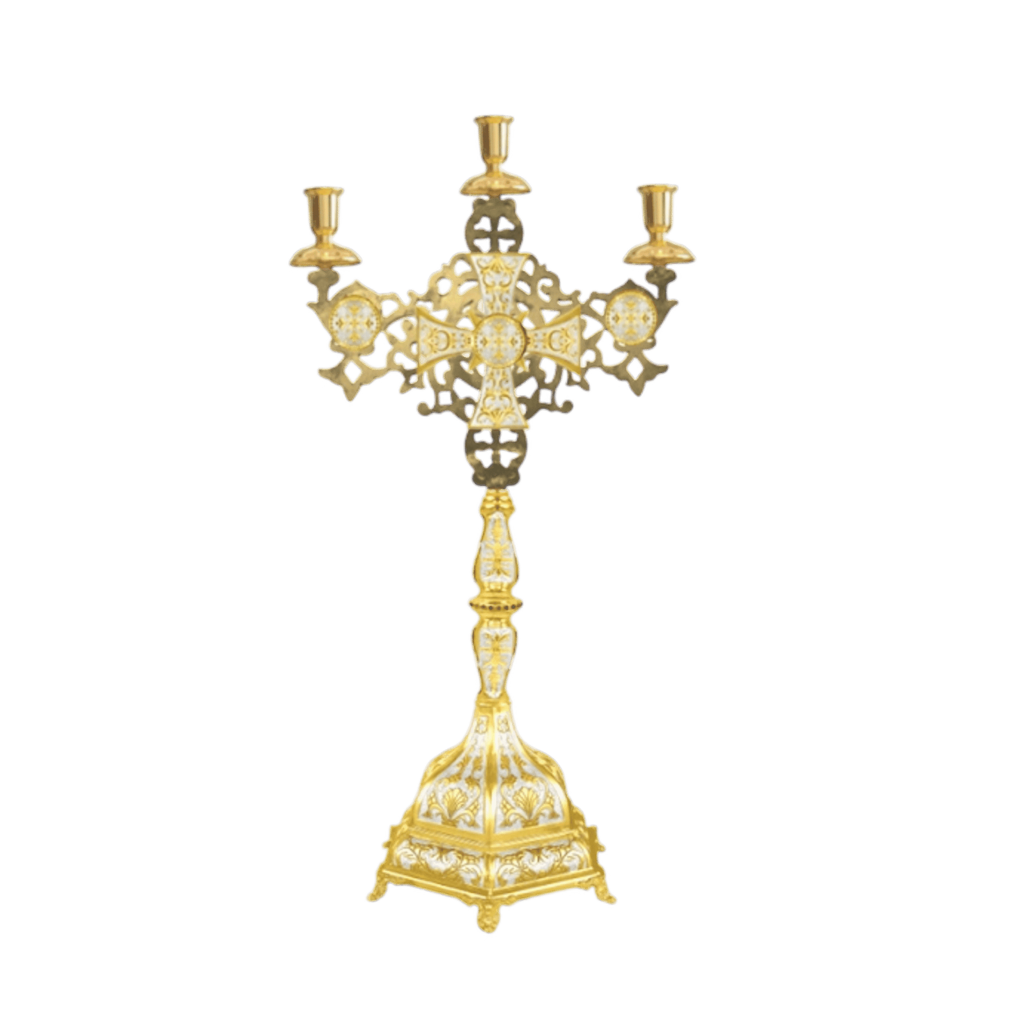 Ornate gold candelabrum for church rituals, traditional ecclesiastical lighting, religious ceremonial candle holder, by Tatsaronis Antonius.