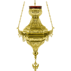 Ornate religious lamp, traditional ecclesiastical item, crafted in gold with intricate designs, used in church ceremonies and altar decorations.