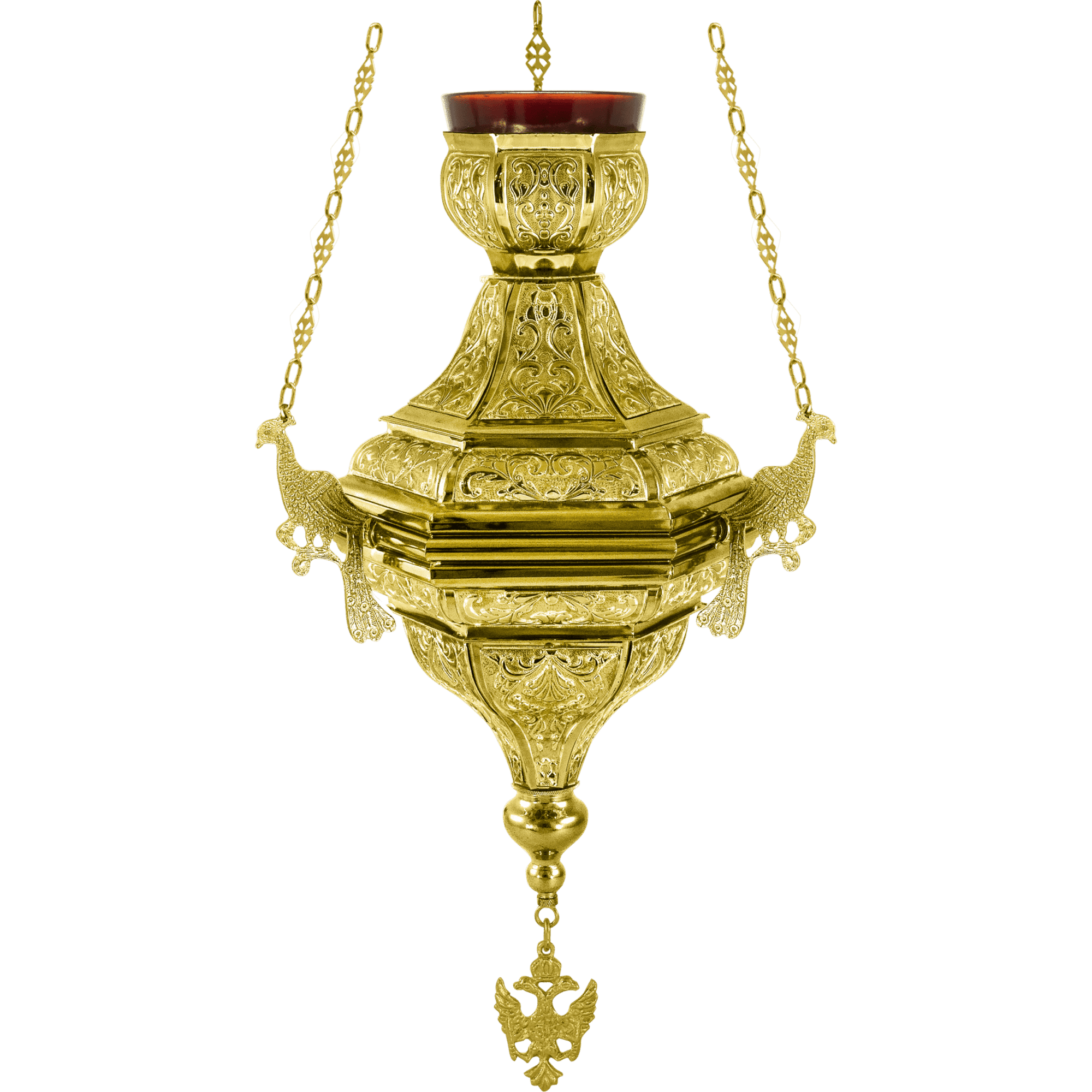 Ornate religious lamp, traditional ecclesiastical item, crafted in gold with intricate designs, used in church ceremonies and altar decorations.