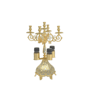 Ornate gold candelabrum for church candles, traditional ecclesiastical decorative piece.