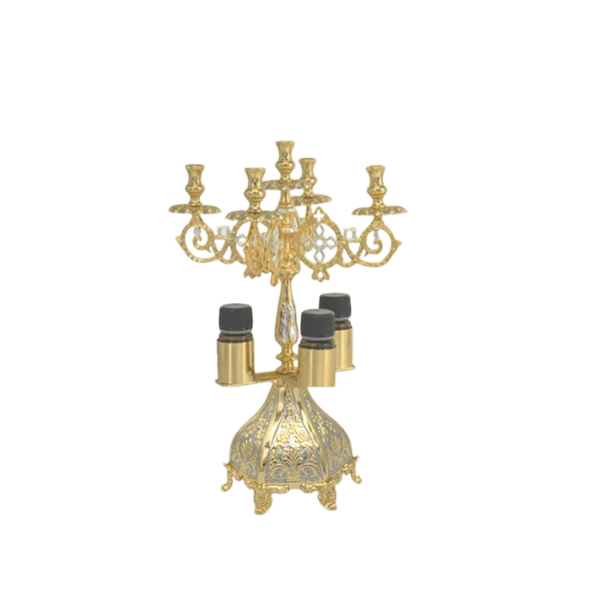 Ornate gold candelabrum for church candles, traditional ecclesiastical decorative piece.