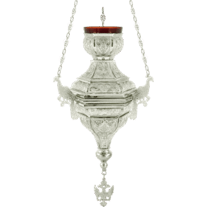 Ornate church lamp hanging with intricate silver design and red glass top, used in religious ceremonies, religious items, ecclesiastical equipment, church accessories, and liturgical supplies.