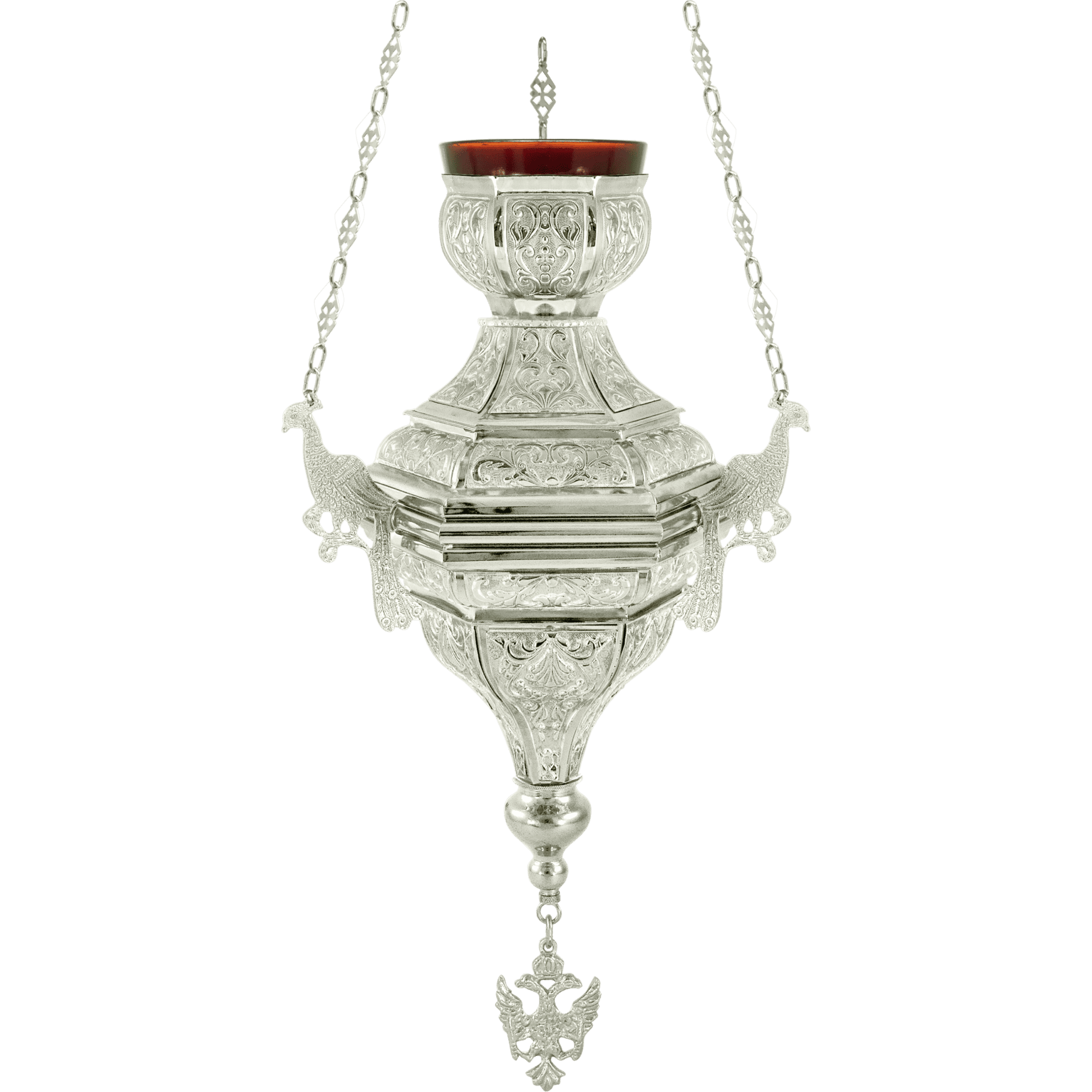Ornate church lamp hanging with intricate silver design and red glass top, used in religious ceremonies, religious items, ecclesiastical equipment, church accessories, and liturgical supplies.