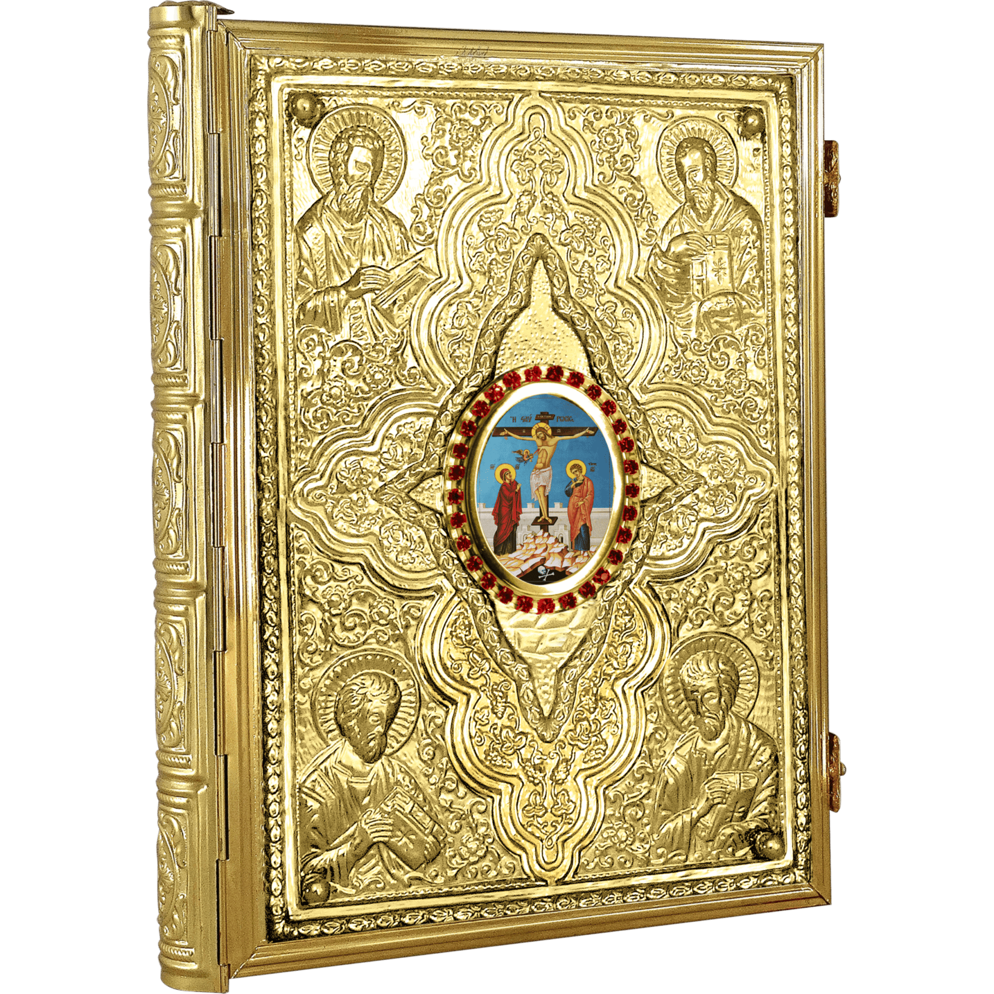 Intricately designed gold-plated Orthodox Christian icon with a central colorful religious illustration of the crucifixion, surrounded by embossed saints and religious figures, used for church worship and decoration.